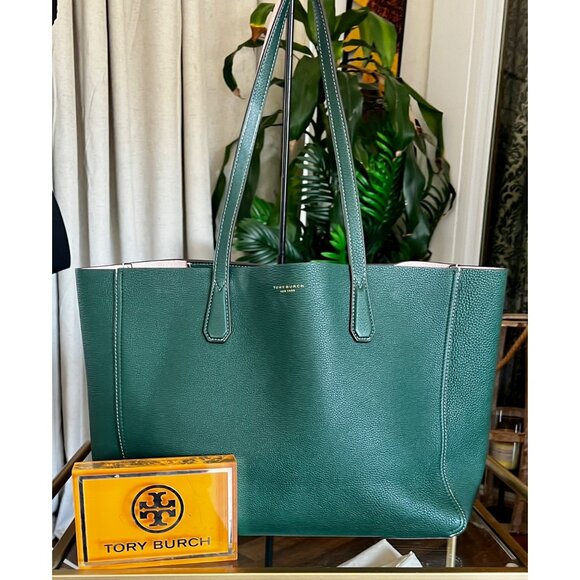 RARE!! AUTHENTIC TORY BURCH KELLY GREEN AND PINK LEATHER PERRY TOTE SHOULDER BAG - Picture 1 of 12